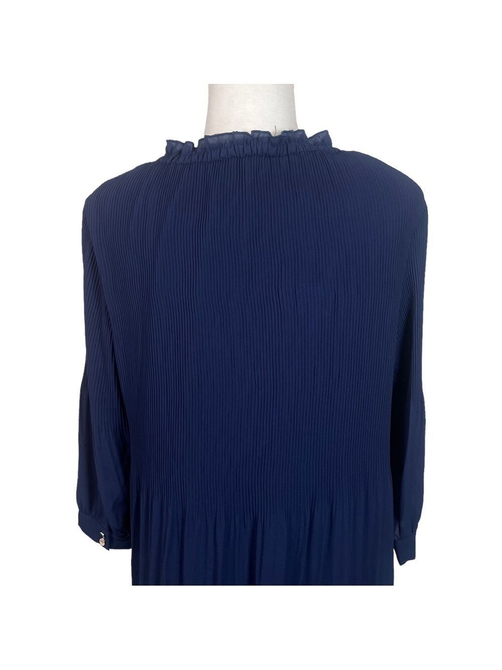 Halston Blue High Neck Keyhole Pleated Ling Sleeved Stretch MIDI Dress S… - Picture 11 of 16